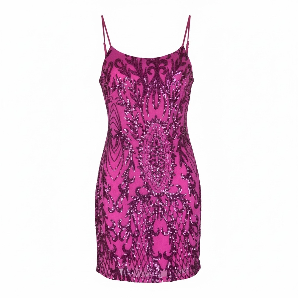 Crystal Sky Pink Sequin Bodycon Dress | Glam Party Cocktail Mini Y2K S